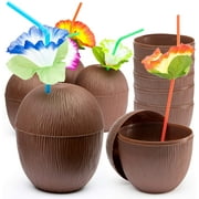 12 Pack Coconut Cups for Hawaiian Luau Kids Party with Hibiscus Flower Straws - Tiki and Beach Theme Party Fun Drink or Decoration Cups